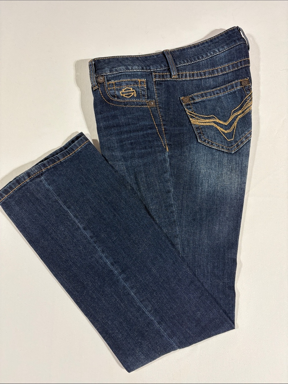 Harley-Davidson Women's Boot Cut Jeans mid-rise Dark Blue, Gold Stitching size 8
